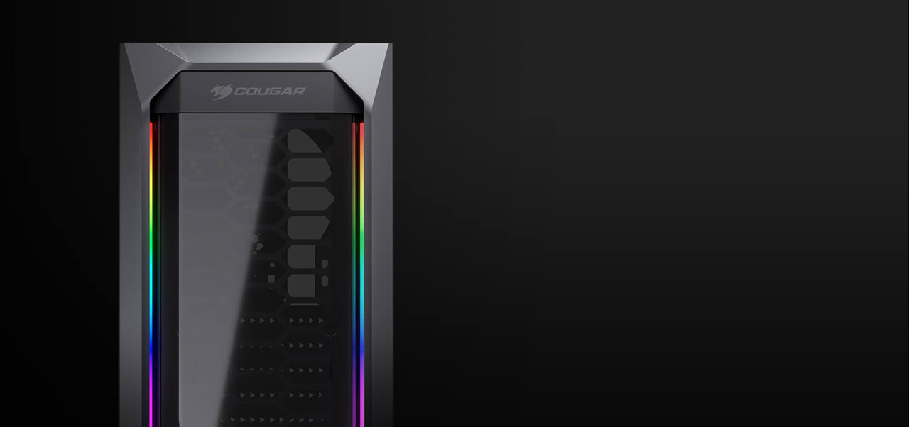 The top of MX410 front panel in RGB lighting is shown in close up
